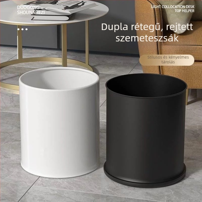 Vasból készült szemetes, 10 literes kapacitás, fedél nélküli, hordó formájú, otthoni használatra: nappali, konyha, iroda, fürdőszoba.
