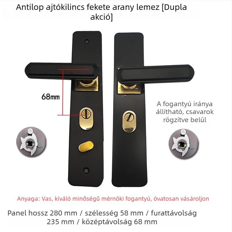 Fekete-arany biztonsági ajtókilincs, dupla ajtóhoz, külső felszerelés, furatok közti távolság 235 mm