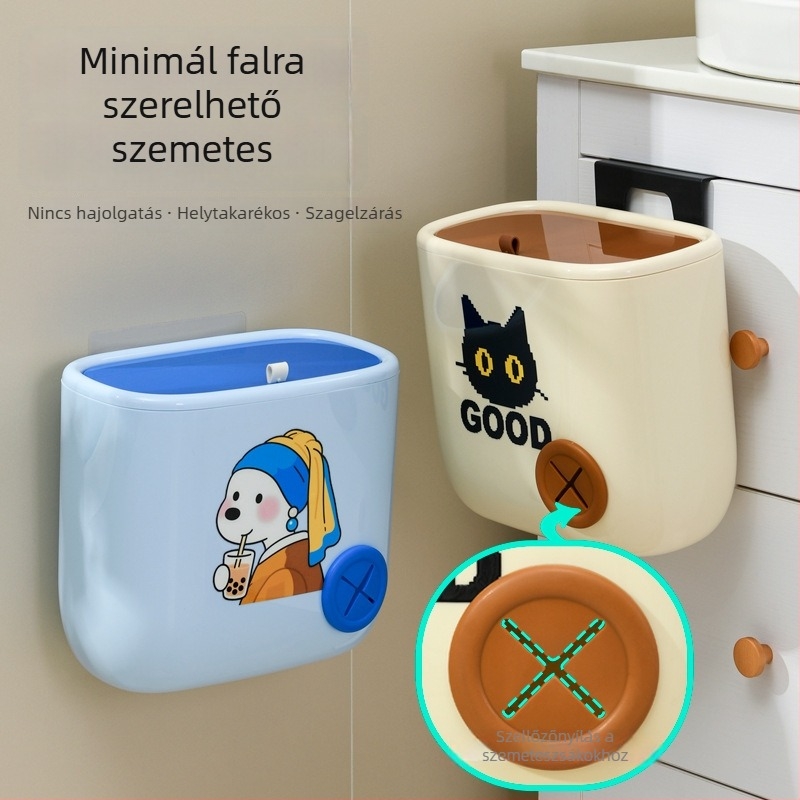 Fali szemetes fedéllel, nyitható, konyha és fürdőszobába, ovális alak, műanyag, 9 liter, stílusos