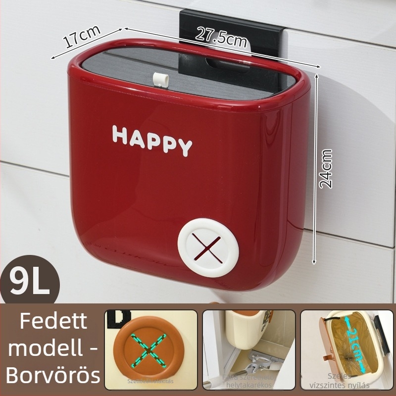 Fali szemetes fedéllel, nyitható, konyha és fürdőszobába, ovális alak, műanyag, 9 liter, stílusos