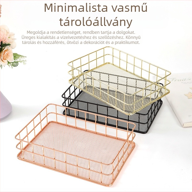 Minimalista vasból készült tárolókosár kollégiumi asztalhoz, uzsonna- és kozmetikai tároló