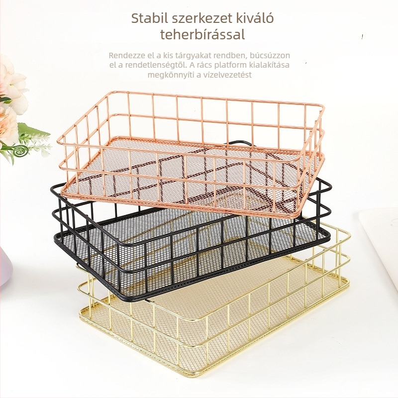 Minimalista vasból készült tárolókosár kollégiumi asztalhoz, uzsonna- és kozmetikai tároló