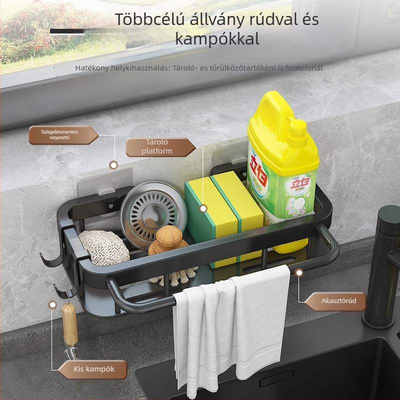 Mellékmosogatóhoz tartozó tárolóállvány szivacsok és rongyok számára, fúrás nélkül, konyhai tárolás