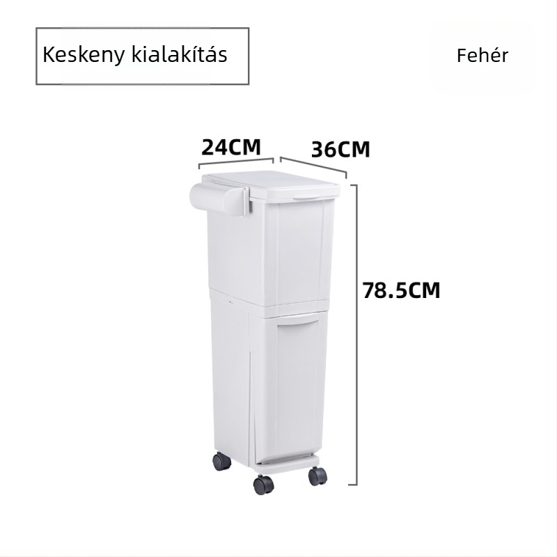 Konyhai szemetes száraz-nedves elválasztással, dupla rekesz, nagy kapacitás, fedél, görgők és pedál