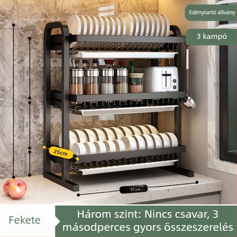 Többfunkciós konyhai edényállvány csöpögtetővel, kés tartóval, tálak és evőeszközök tárolóhelyével