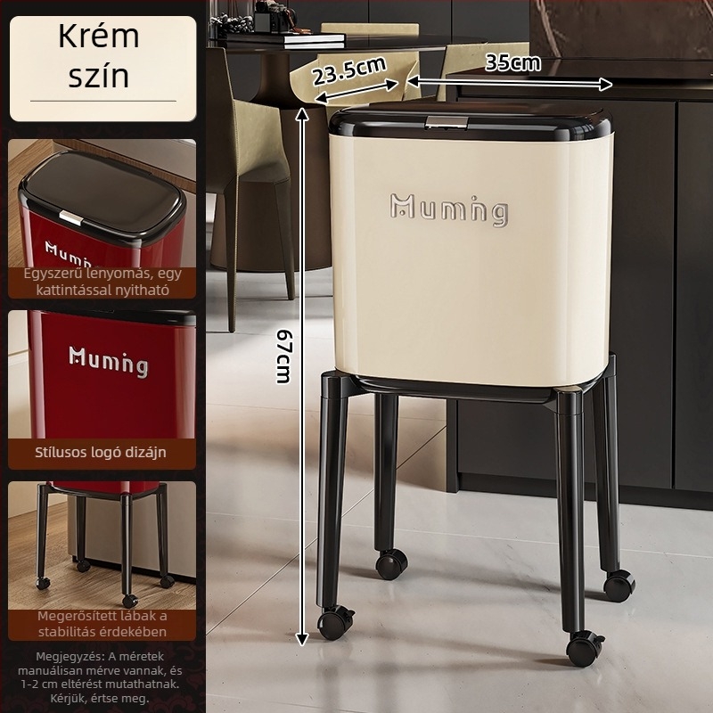 Konyhai magas szemetes, retro-luxus dizájn, nagy kapacitás, hajlás nélkül, mozgatható négyzet alakú kuka, 12 L vagy több, csendes nyitás-zárás