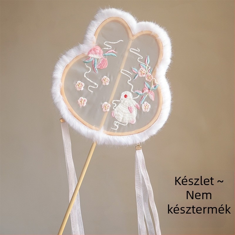 Hímzett kör alakú fan, kínai stílusú őszi-téli plüss, Hanfu-ihletésű smink és jelmez rekvizit fotózáshoz és előadásokhoz, nyúlfülű pillangó fan