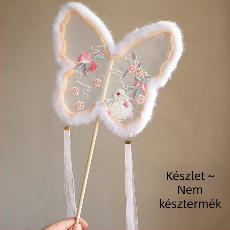 Hímzett kör alakú fan, kínai stílusú őszi-téli plüss, Hanfu-ihletésű smink és jelmez rekvizit fotózáshoz és előadásokhoz, nyúlfülű pillangó fan