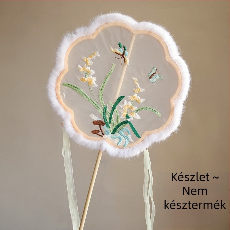 Hímzett kör alakú fan, kínai stílusú őszi-téli plüss, Hanfu-ihletésű smink és jelmez rekvizit fotózáshoz és előadásokhoz, nyúlfülű pillangó fan
