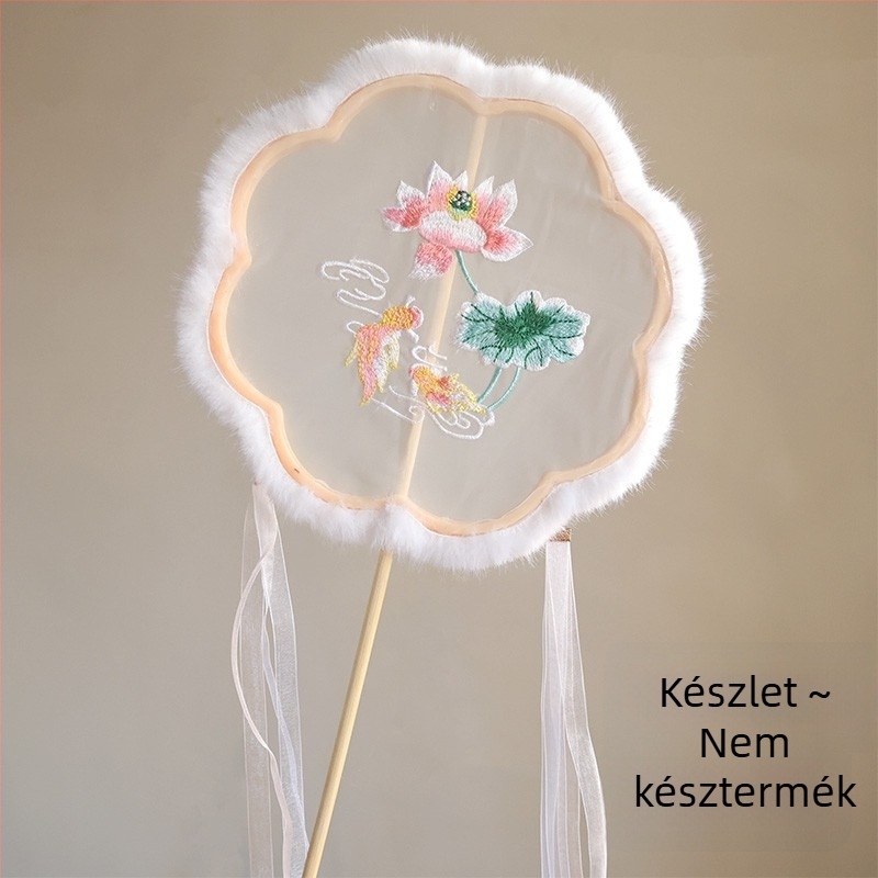 Hímzett kör alakú fan, kínai stílusú őszi-téli plüss, Hanfu-ihletésű smink és jelmez rekvizit fotózáshoz és előadásokhoz, nyúlfülű pillangó fan