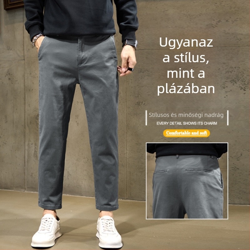 Férfiak mindennapi üzleti nadrágok, 9/10 hossz, egyenes szabás, slim fit, alacsonyabb testalkatúaknak, kényelmes