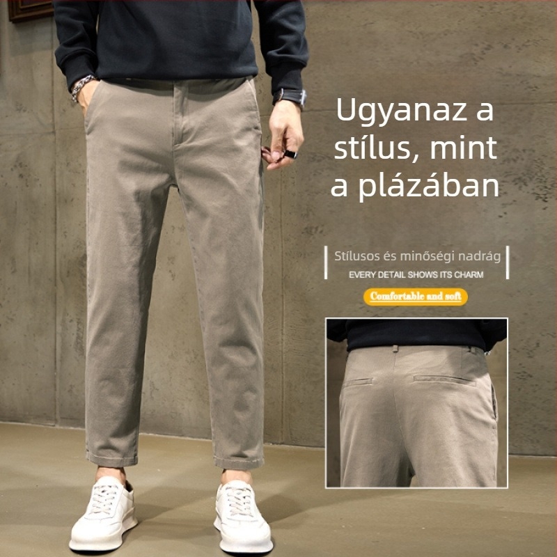 Férfiak mindennapi üzleti nadrágok, 9/10 hossz, egyenes szabás, slim fit, alacsonyabb testalkatúaknak, kényelmes