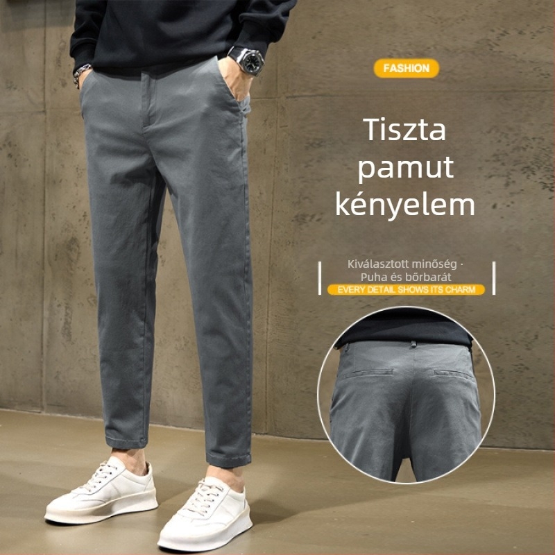 Férfiak mindennapi üzleti nadrágok, 9/10 hossz, egyenes szabás, slim fit, alacsonyabb testalkatúaknak, kényelmes