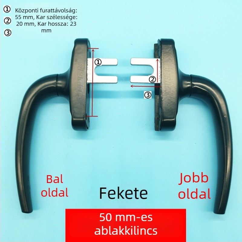Alumíniumötvözetű ablakfogantyú felsőnyíló ablakokhoz, zár és összekapcsoló mechanizmussal