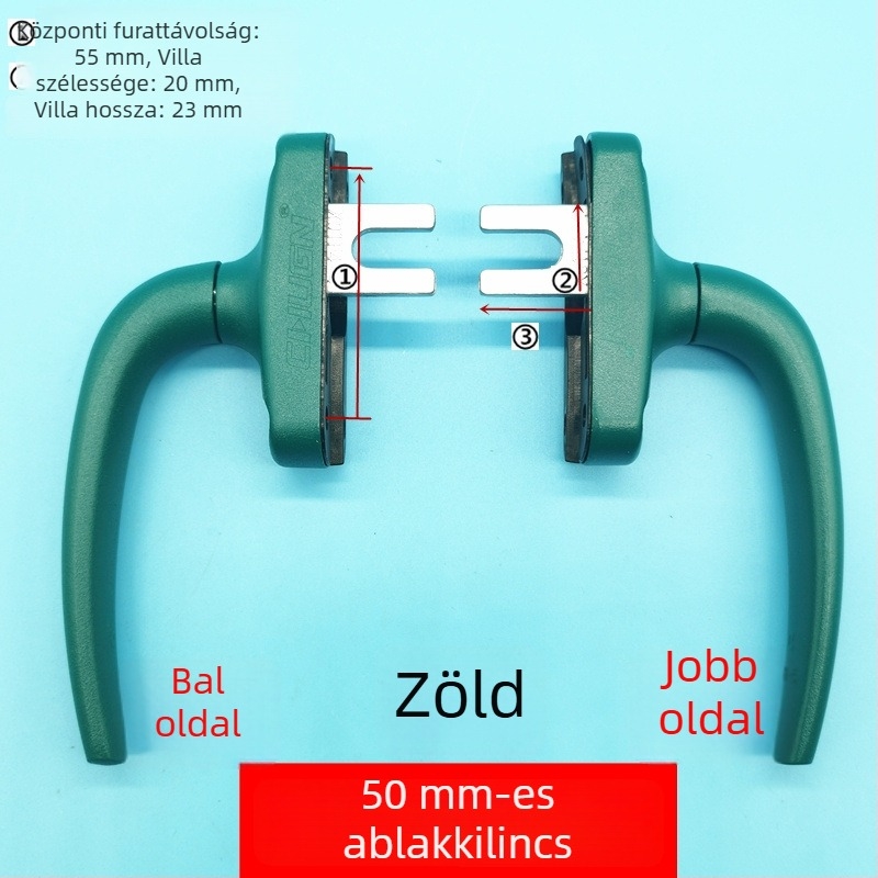 Alumíniumötvözetű ablakfogantyú felsőnyíló ablakokhoz, zár és összekapcsoló mechanizmussal