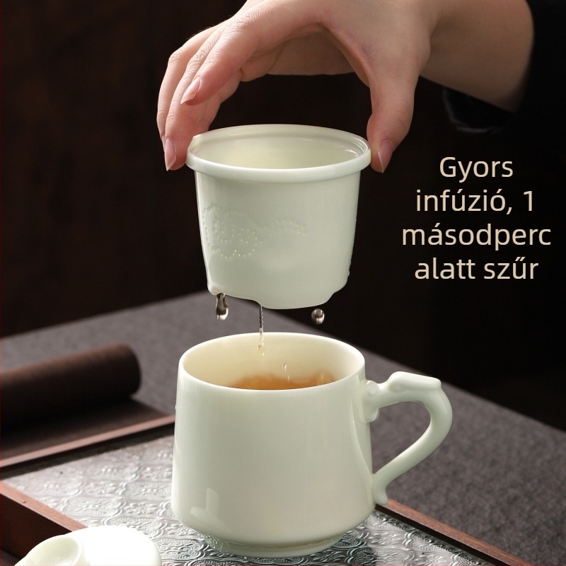Jade színű porcelán tea-víz elválasztó pohár, otthonra és irodába, személyes használatra, ajándékdobozt tartalmazó készlet
