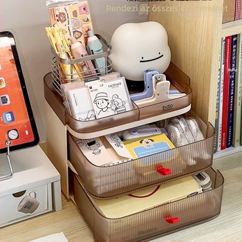 Íróasztal szervező készlet fiókos tárolókkal, rekeszekkel irodai kellékek és füzetek számára, zsebkendő tartó