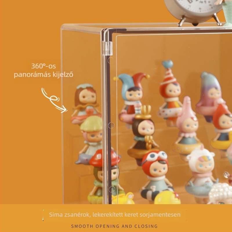 Átlátszó porvédett kiállító szekrény Blind Box figurák számára – nagy kapacitás, fedéllel, halmozható