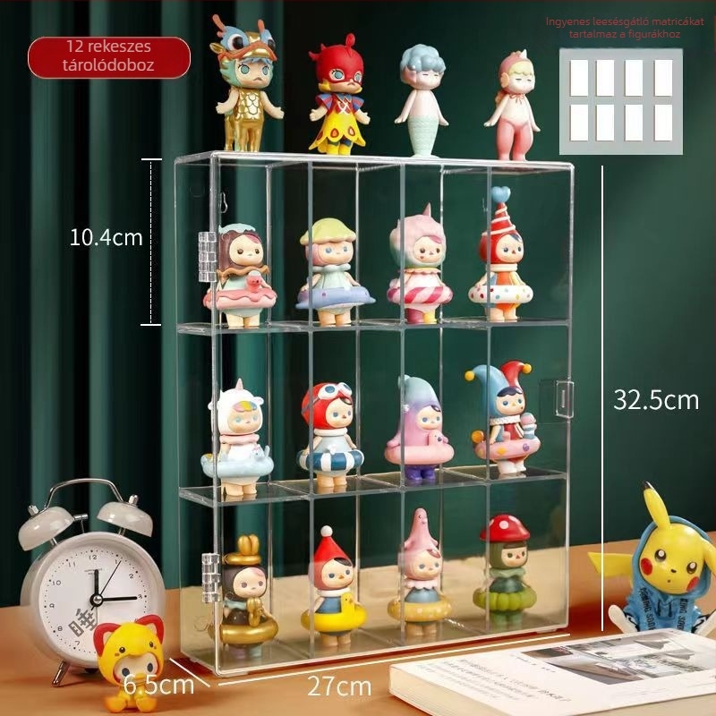 Átlátszó porvédett kiállító szekrény Blind Box figurák számára – nagy kapacitás, fedéllel, halmozható