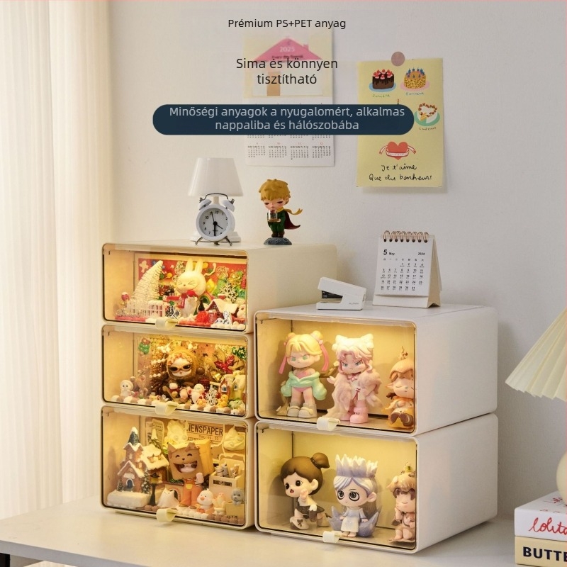 LED-es asztali figuratároló doboz, átlátszó, többszintű bemutató vitrinnel a meglepetésdobozokhoz