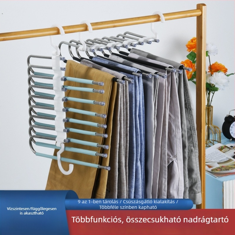 Rozsdamentes acélból készült összecsukható nadrágcsipesz, többszintű teleszkópos tároló, nadrágakasztó nyom nélkül