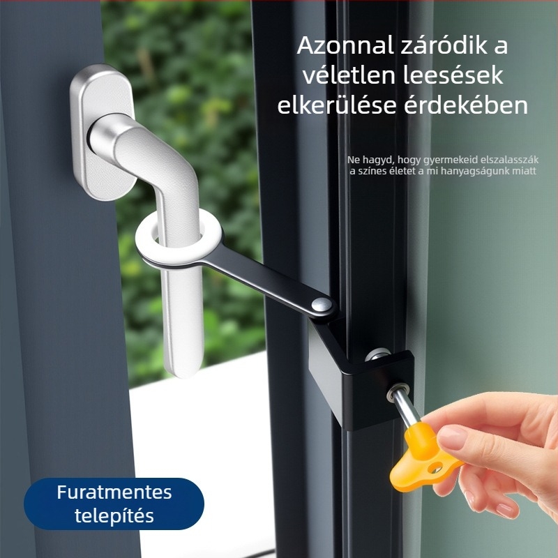 Alumíniumötvözetes ablaklimitáló, rögzített gyermekbiztonsági zár, fúrásmentes, külső nyitású ablakhoz