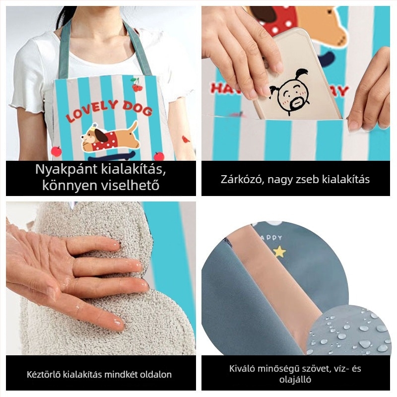 Divatos rajzfilm témájú vízálló és olajálló konyhai kötény, uniszex ujjakkal, logóval, dalmatinus mintával