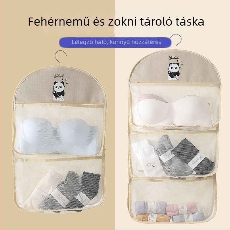 Akasztóval ellátott hálós tároló táska zoknik és fehérneműk számára