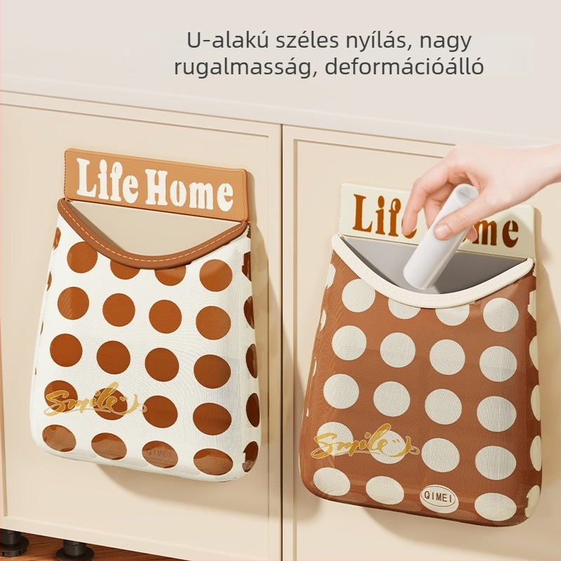 Nagy kapacitású falra szerelhető konyhai szemeteszsák-tároló hálós tasakkal és Velcro-zárással