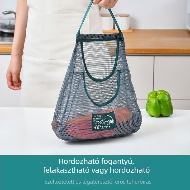 Konyhai hálós falra szerelhető tárolótasak, többfunkciós gyümölcs- és zöldségtároló, hagyma és gyömbér tároló