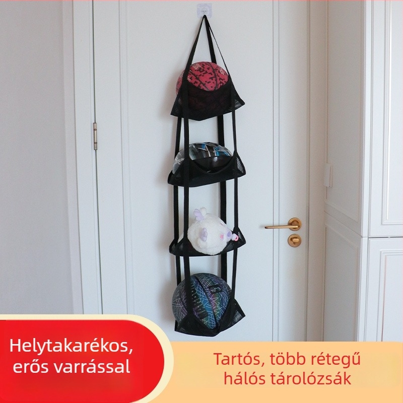 Többszintes hálós labda tároló táska, kosárlabda- és futball-labdák számára, falra szerelhető rendező