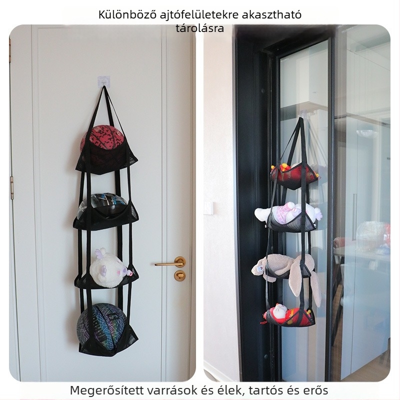 Többszintes hálós labda tároló táska, kosárlabda- és futball-labdák számára, falra szerelhető rendező