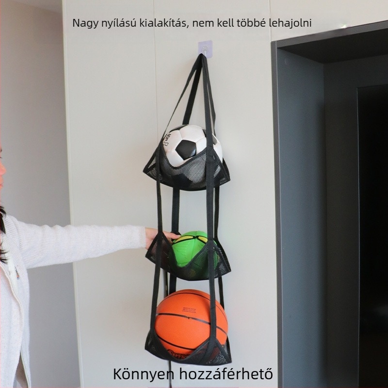 Többszintes hálós labda tároló táska, kosárlabda- és futball-labdák számára, falra szerelhető rendező