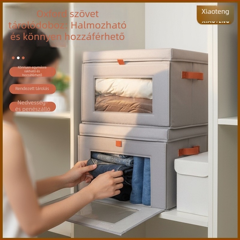 Fedéllel ellátott ruhatartó doboz, mosható textil ruhák és játékok tárolására
