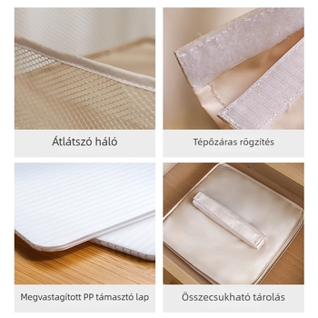Nagy kapacitású ruhásszekrényhez tartozó függő tároló tasak, hálós, több rétegű rendező, átlátható tároló