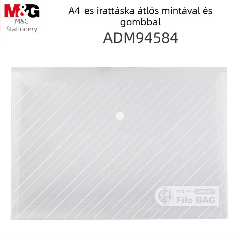 MG A4-es dokumentumtáska diagonális mintával, snap zárással, átlátszó dokumentum rendező, fehér PVC