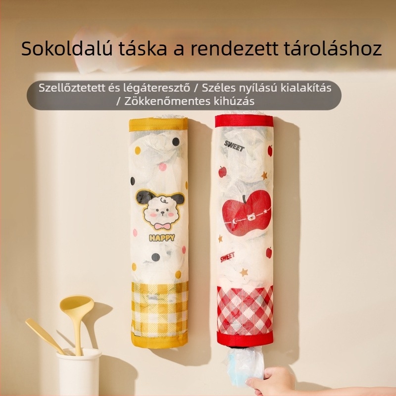 Falra szerelhető konyhai szemeteszsák tároló Velcro-hálós zsebbel, nagy kapacitás