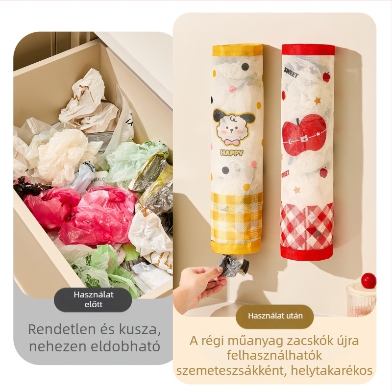 Falra szerelhető konyhai szemeteszsák tároló Velcro-hálós zsebbel, nagy kapacitás