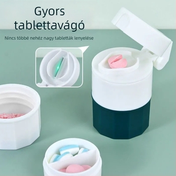 Hordozható tablettadoboz vágóval és őrlővel, kézi, multifunkcionális gyógyszeres tartó, két rekesz, műanyag