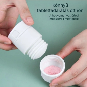 Hordozható tablettadoboz vágóval és őrlővel, kézi, multifunkcionális gyógyszeres tartó, két rekesz, műanyag