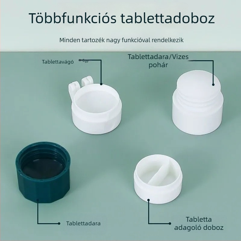 Hordozható tablettadoboz vágóval és őrlővel, kézi, multifunkcionális gyógyszeres tartó, két rekesz, műanyag