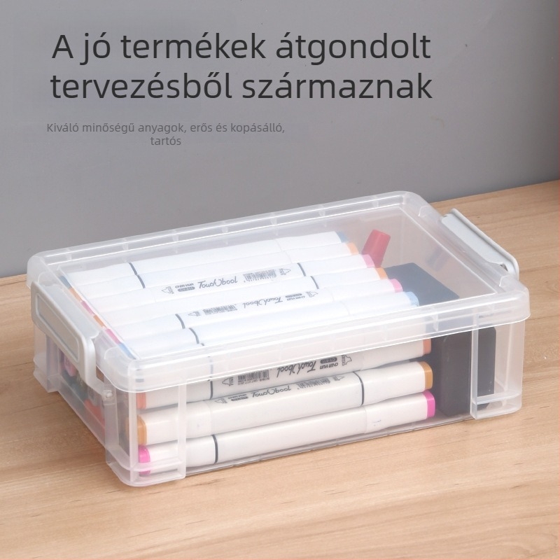 Átlátszó, többfunkciós művészeti tárolódoboz – téglalap alakú asztali tároló fedővel és dupla zárással, ecsetekhez és kellékekhez