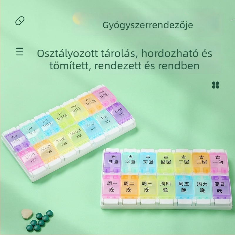 Kettős soros nyomógombos tablettás doboz, 14 rekesz, 7 napos multifunkcionális orvosi tároló, hordozható