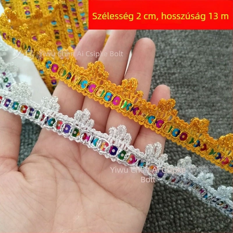 2 cm színpompás flitteres szalag arany- és ezüstszínben — etnikai kézzel készített dísz sapkákhoz és ruházathoz