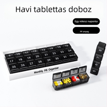 Hordozható 31-napos gyógyszeres doboz zárt rekeszekkel, háztartási használatra