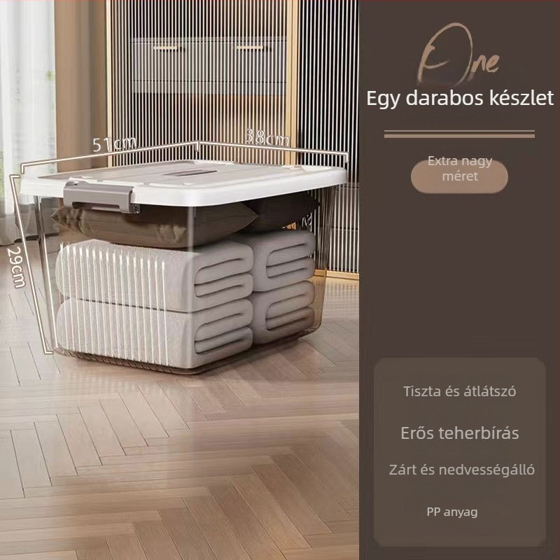 Átlátszó műanyag tárolóedény, extra nagy kapacitású 110 L, kollégiumi ruházat rendező, 24 darabos készlet