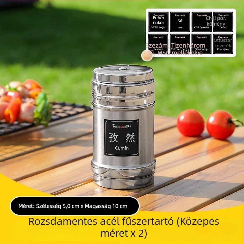 Grill eszközök készlet fűszerdobozokkal és fűszertartó üvegekkel, kültéri kiegészítők