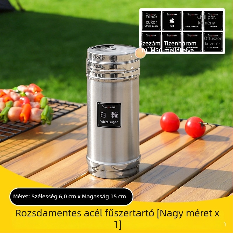Grill eszközök készlet fűszerdobozokkal és fűszertartó üvegekkel, kültéri kiegészítők
