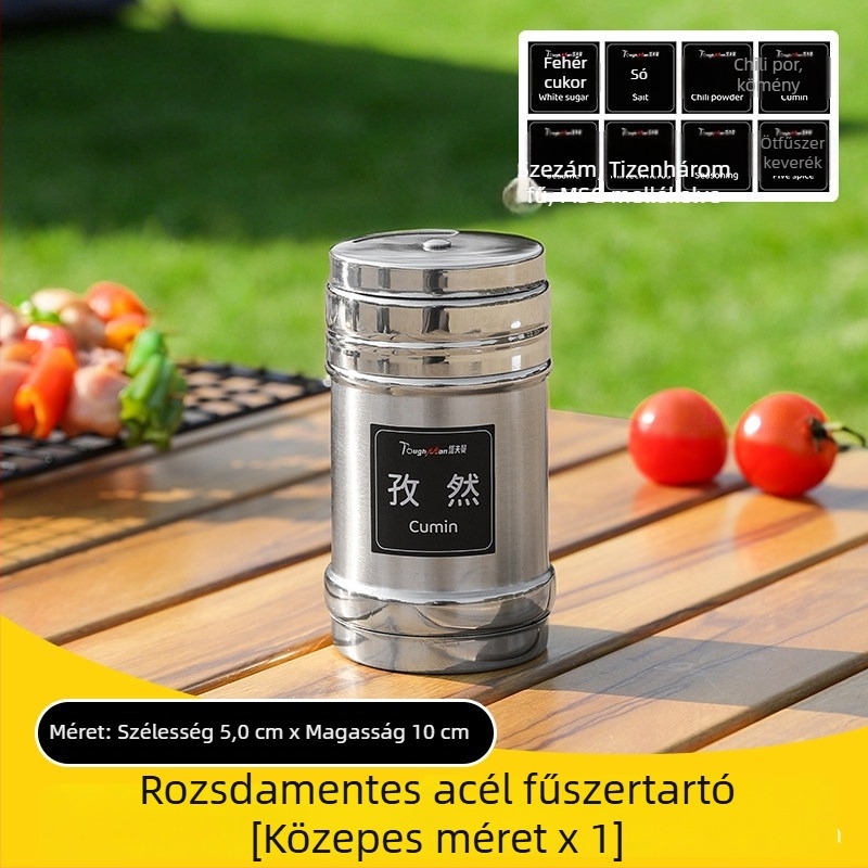 Grill eszközök készlet fűszerdobozokkal és fűszertartó üvegekkel, kültéri kiegészítők