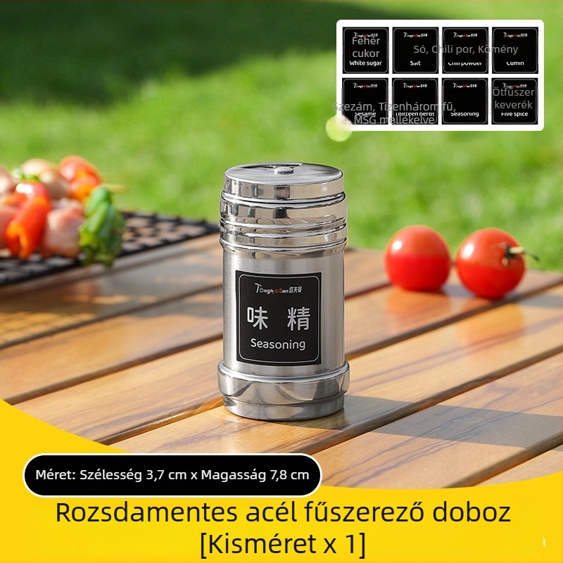 Grill eszközök készlet fűszerdobozokkal és fűszertartó üvegekkel, kültéri kiegészítők